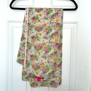 Betsey Johnson Large Floral Scarf Wrap Mini Pom-Pom Trim